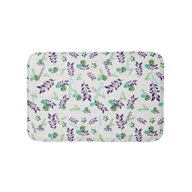 Girl Cute Fairytale Mushrooms Custom Name White Bath Mat (Front)