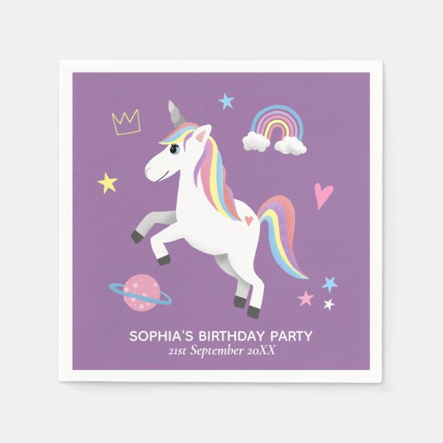 Girl Cute Magical Purple Unicorn Kids Birthday Napkin (Front)