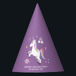 Girl Cute Magical Purple Unicorn Kids Birthday Party Hat<br><div class="desc">This cute and magical kids Birthday party hat design features a unicorn cartoon with a rainbow,  planet,  crown,  heart and stars,  and can be personalised with your girls name and the date of your party. The perfect purple princess addition to your child's Birthday party.</div>