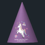 Girl Cute Magical Purple Unicorn Kids Birthday Party Hat<br><div class="desc">This cute and magical kids Birthday party hat design features a unicorn cartoon with a rainbow,  planet,  crown,  heart and stars,  and can be personalised with your girls name and the date of your party. The perfect purple princess addition to your child's Birthday party.</div>