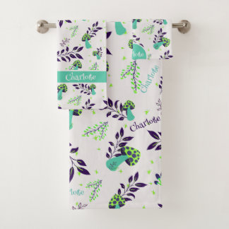 Girl Cute Mushrooms and Garden Custom Name White Bath Towel Set