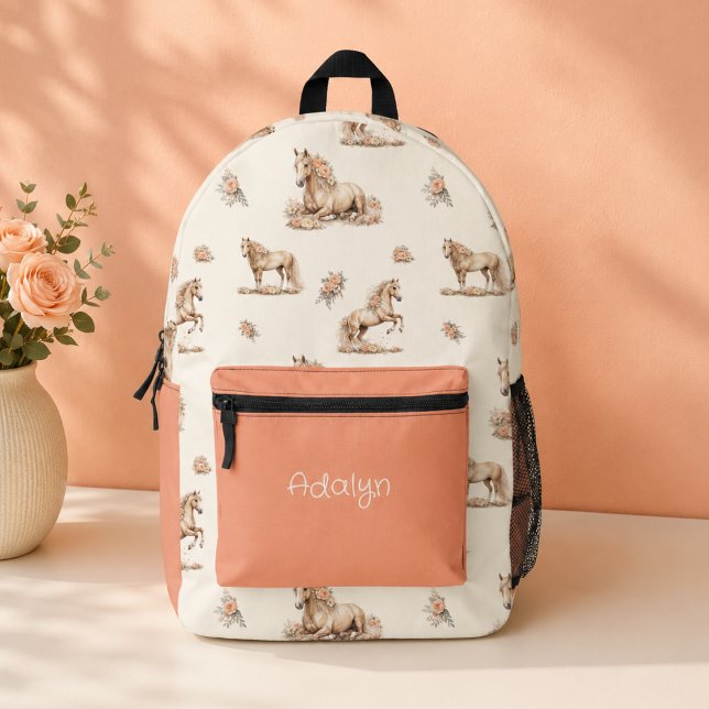 Girl Cute Peach Rose Horse Pattern Printed Backpack (Creator Uploaded)