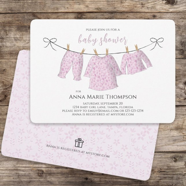 Girl Cute Pink Baby Clothesline Sweet Baby Shower Invitation (Creator Uploaded)