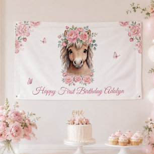 Girl Cute Pink Floral Horse First Birthday Banner