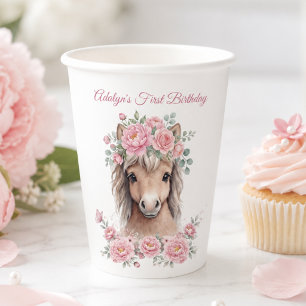 Girl Cute Pink Floral Horse First Birthday Paper Cups