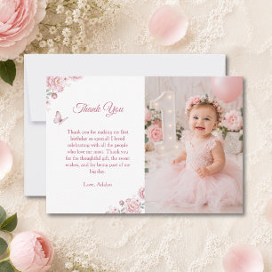 Girl Cute Pink Photo Thank You First Birthday Card