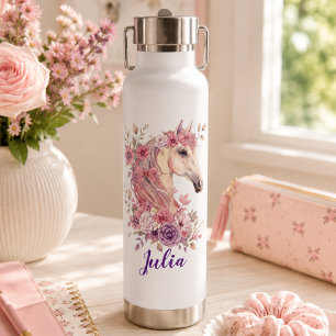 Girl Cute Pink Purple Floral Horse Monogram Water Bottle