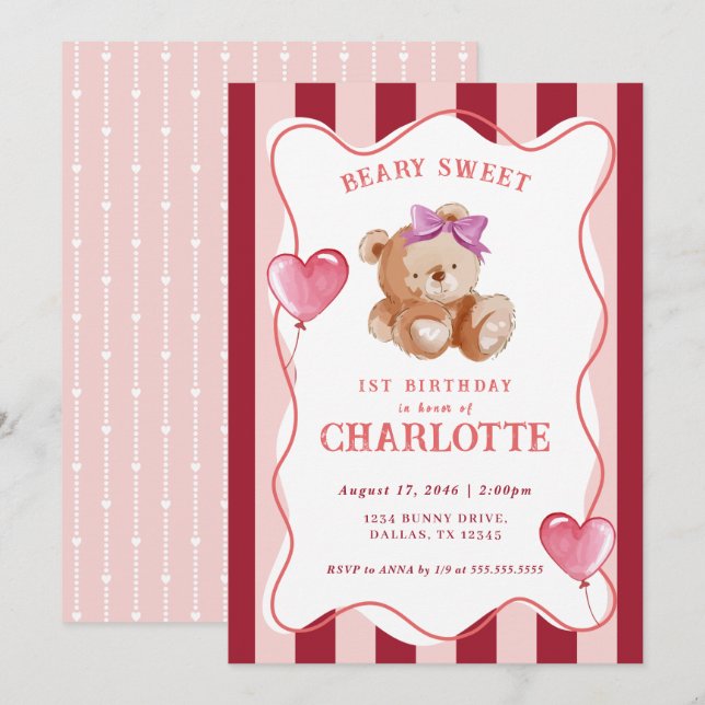 Girl Cute Pink Watercolor Bear Baby 1st Birthday Invitation (Front/Back)