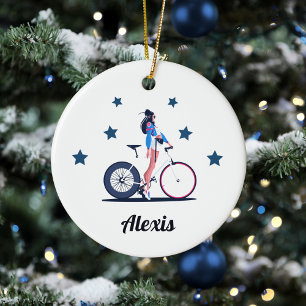 Girl Cyclist Cycling Bicycle Kid's Name Stars  Ceramic Tree Decoration