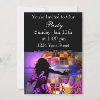 Girl dancing and purple musical notes invitation