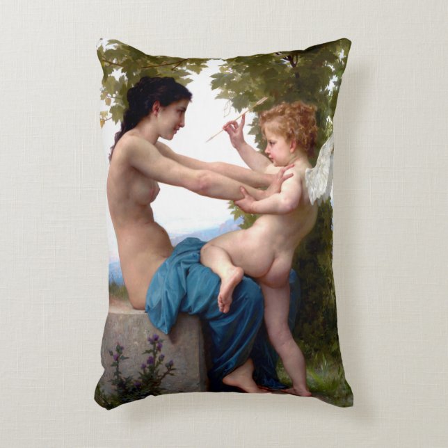 Girl Defending Herself Against Eros Cupid Painting Decorative Cushion (Front(Vertical))
