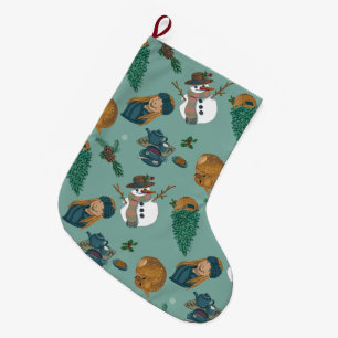 Girl design, cookies and tea, dolls and deer. large christmas stocking