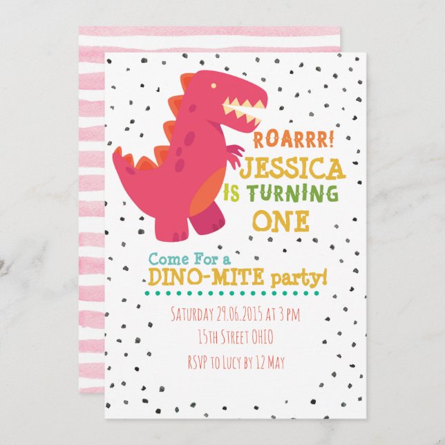 Girl Dino Birthday Party Invite (Front/Back)