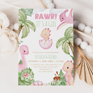 Girl DINOSAUR Baby Shower Invitation, Pink Dino Invitation