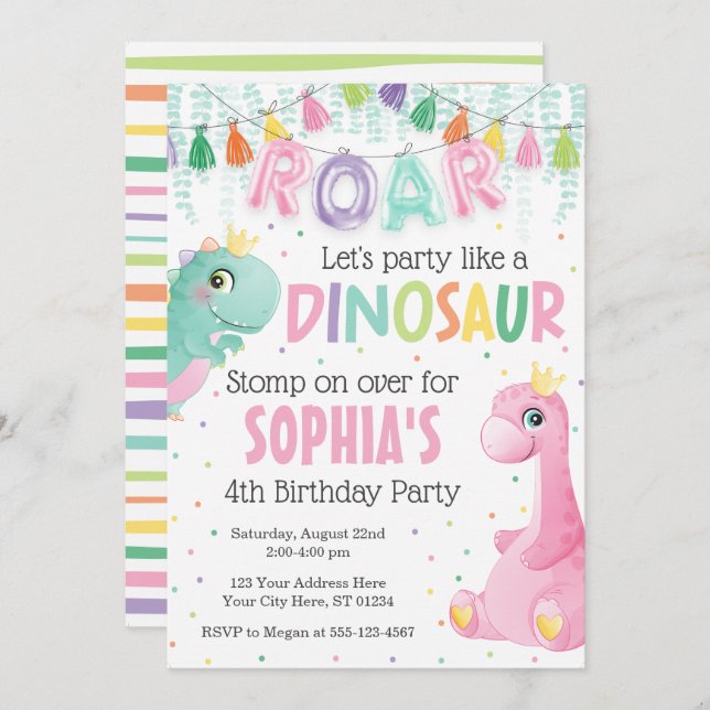 Girl Dinosaur Birthday Invitation (Front/Back)