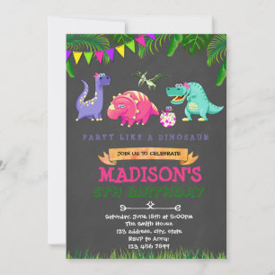 Girl dinosaur birthday invitation