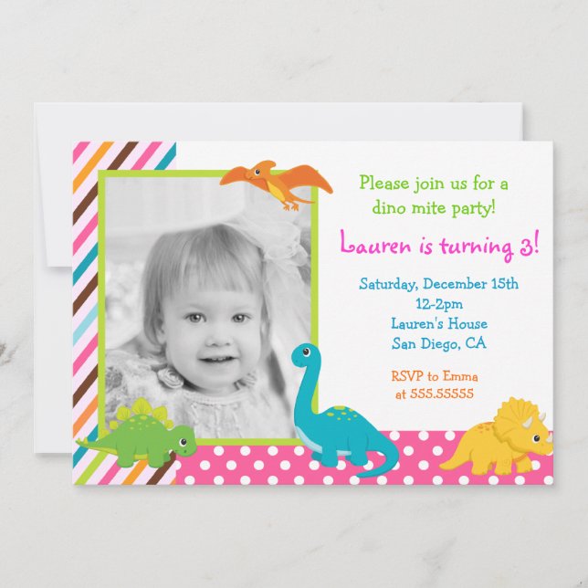 Girl Dinosaur Birthday Invitation for (Front)