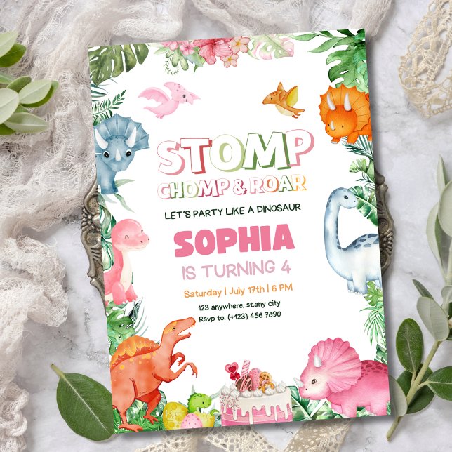 Girl Dinosaur Birthday Invitation Pink Dinosaur  (Creator Uploaded)