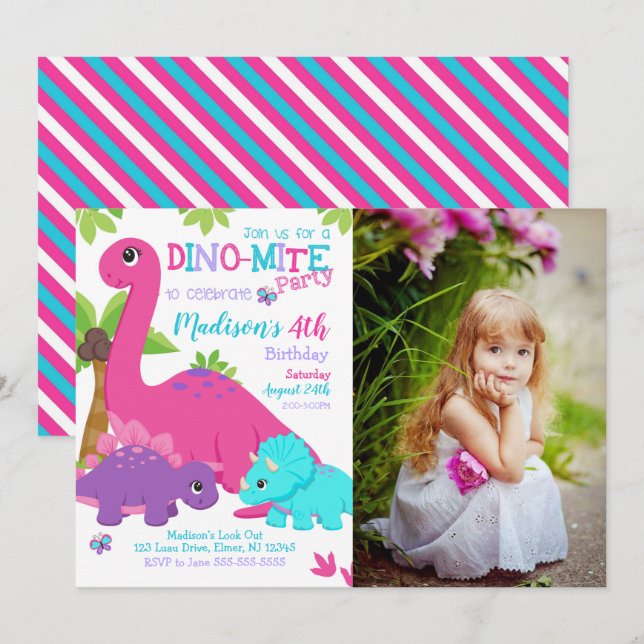 Girl Dinosaur Birthday Photo Invitation Dino Party (Front/Back)