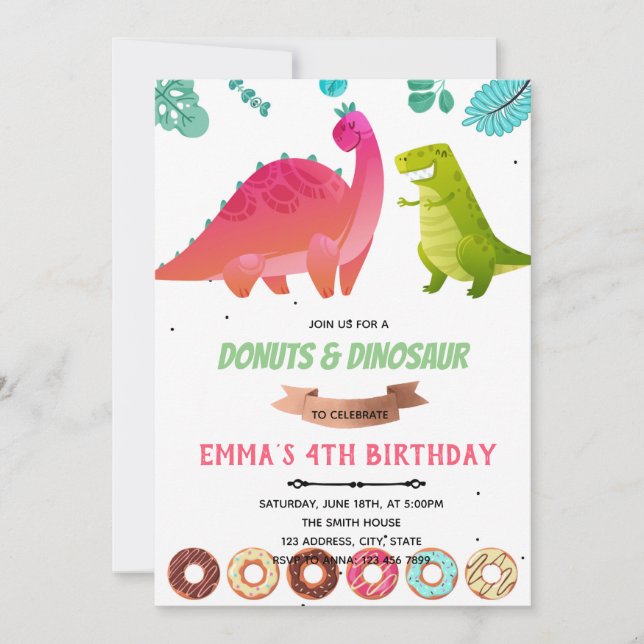 Girl dinosaur doughnuts theme Invitation (Front)