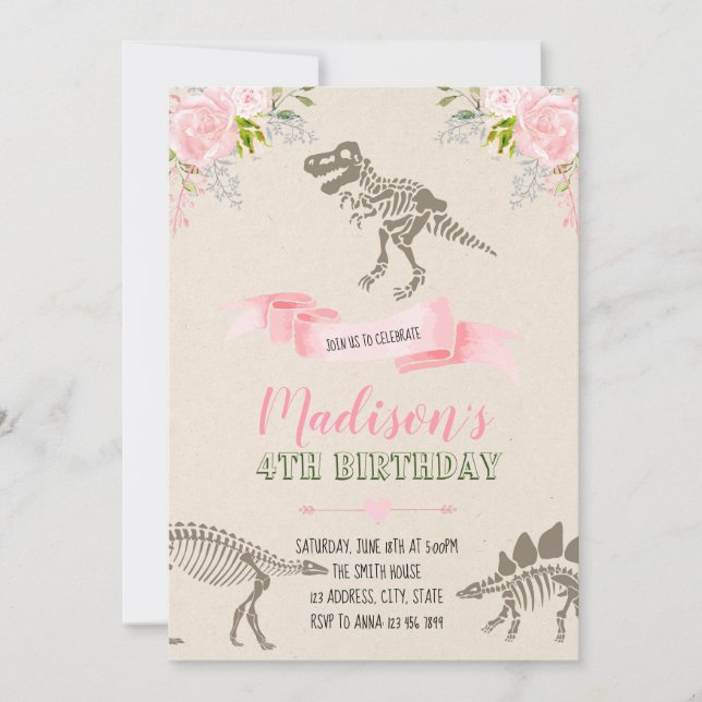 Girl dinosaur party invitation (Front)