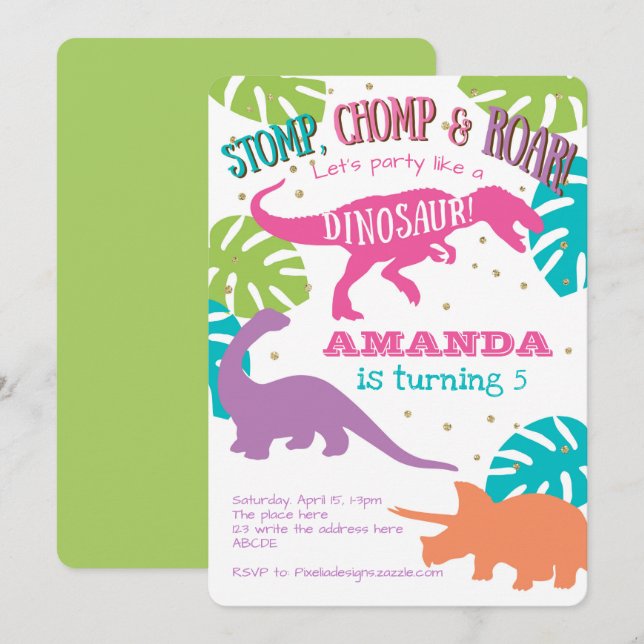 Girl, Dinosaur Party, Pink, Purple, Green Birthday Invitation (Front/Back)