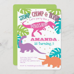 Girl, Dinosaur Party, Pink, Purple, Green Birthday Invitation