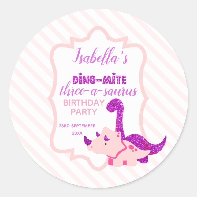 Girl Dinosaur Pink Birthday Party  Classic Round Sticker (Front)