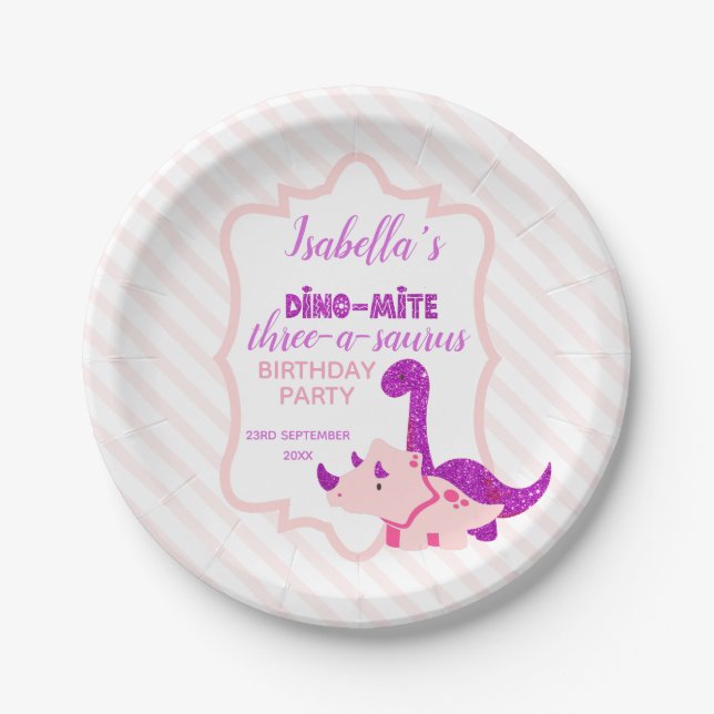 Girl Dinosaur Pink Birthday Party  Paper Plate (Front)