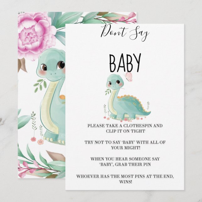 Girl Dinosaur Pink Peony Don’t Say Baby Cards (Front/Back)