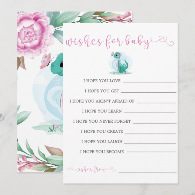 Girl Dinosaur Pink Peony Wishes For Baby Invites (Front/Back)