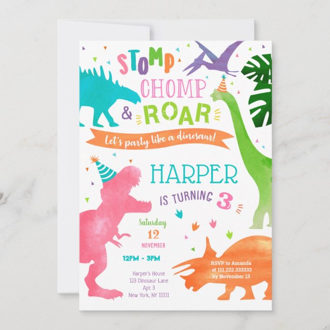 Girl Dinosaur T-rex Birthday Party Invitations (Front)