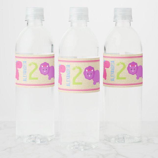 Girl Dinosaur Water Bottle Label Pink Dinosaurs (Bottles)