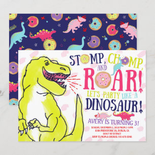 Girl Dinosaurs and Doughnuts Birthday Invitation