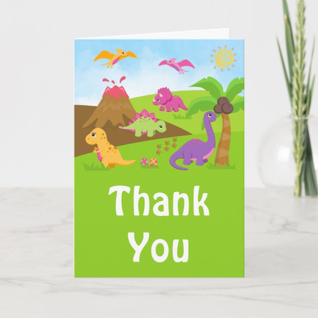 Girl Dinosaurs Birthday Party Thank You Card (Front)