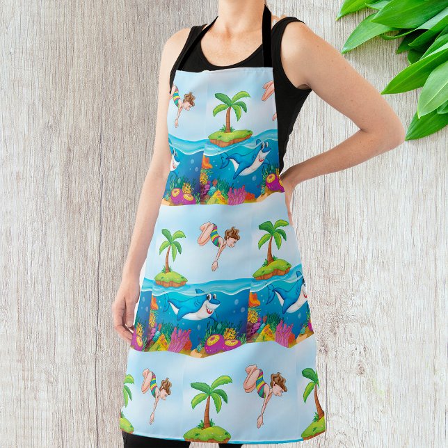 Girl Diving Into Ocean Friendly Shark Coral Reef Apron (Creator Uploaded)
