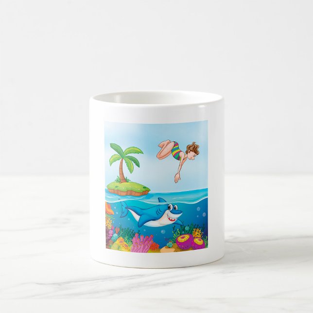 Girl Diving Into Ocean Friendly Shark Coral Reef Coffee Mug (Creator Uploaded)