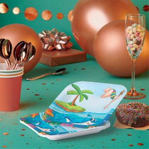 Girl Diving Into Ocean Friendly Shark Coral Reef Paper Plate