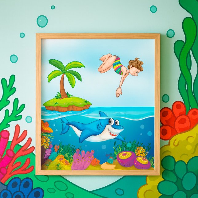 Girl Diving Into Ocean Friendly Shark Coral Reef Poster (Creator Uploaded)