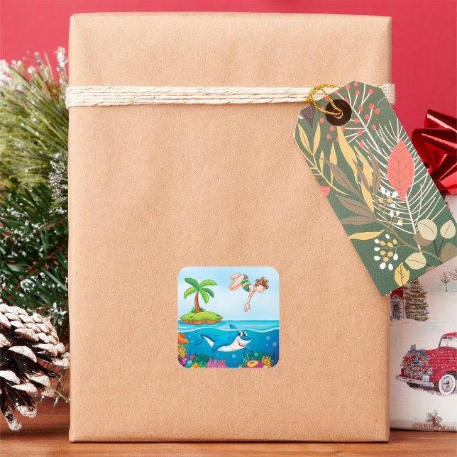 Girl Diving Into Ocean Friendly Shark Coral Reef Square Sticker (Creator Uploaded)