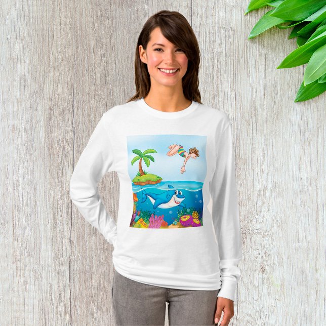 Girl Diving Into Ocean Friendly Shark Coral Reef T-Shirt (Creator Uploaded)