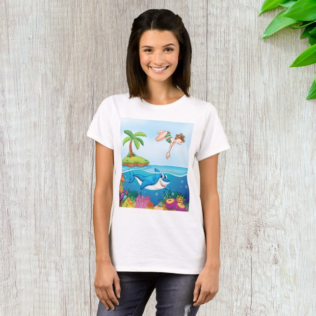 Girl Diving Into Ocean Friendly Shark Coral Reef T-Shirt (Creator Uploaded)