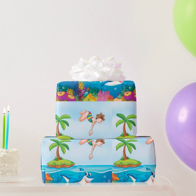 Girl Diving Into Ocean Friendly Shark Coral Reef Wrapping Paper (Creator Uploaded)