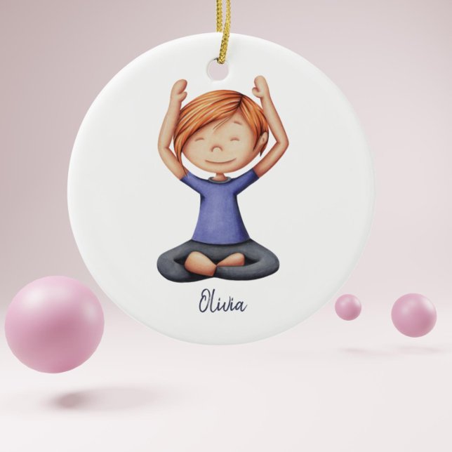 Girl Doing Yoga Meditating Personalised Christmas Ceramic Tree Decoration (Girl doing yoga illustrated personalized christmas ornament)