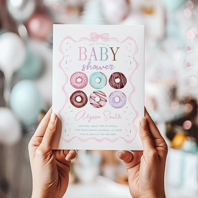 Girl Doughnut and Pink Bow Baby Shower Invitation (Creator Uploaded)