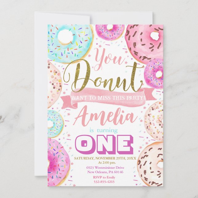 Girl Doughnut Birthday Party Invitation (Front)
