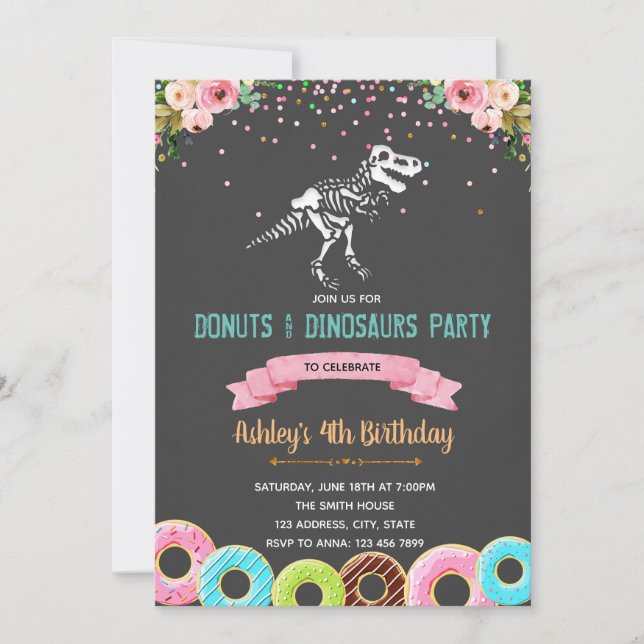 Girl doughnuts dinosaur birthday invitation (Front)