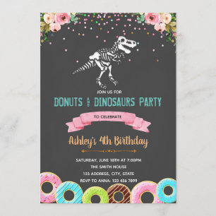 Girl doughnuts dinosaur birthday invitation