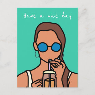 Girl drinking bubble tea modern teen postcard