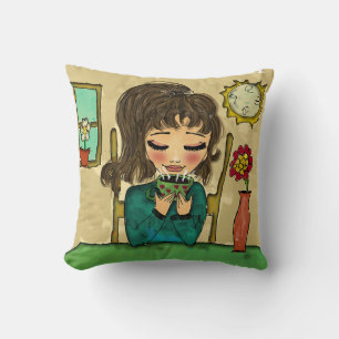 Girl Drinking Hot Chocolate Throw Pillow 16" x 16"